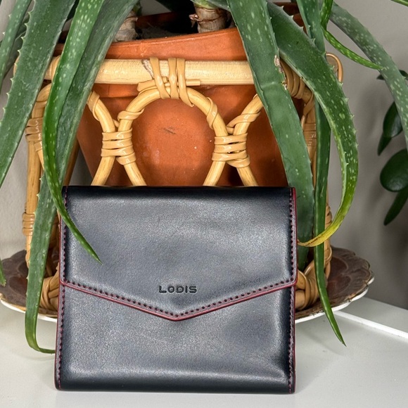 Lodis Genuine Leather Compact Trifold Wallet Black Red Designer Card Coin Purse - Picture 2 of 9